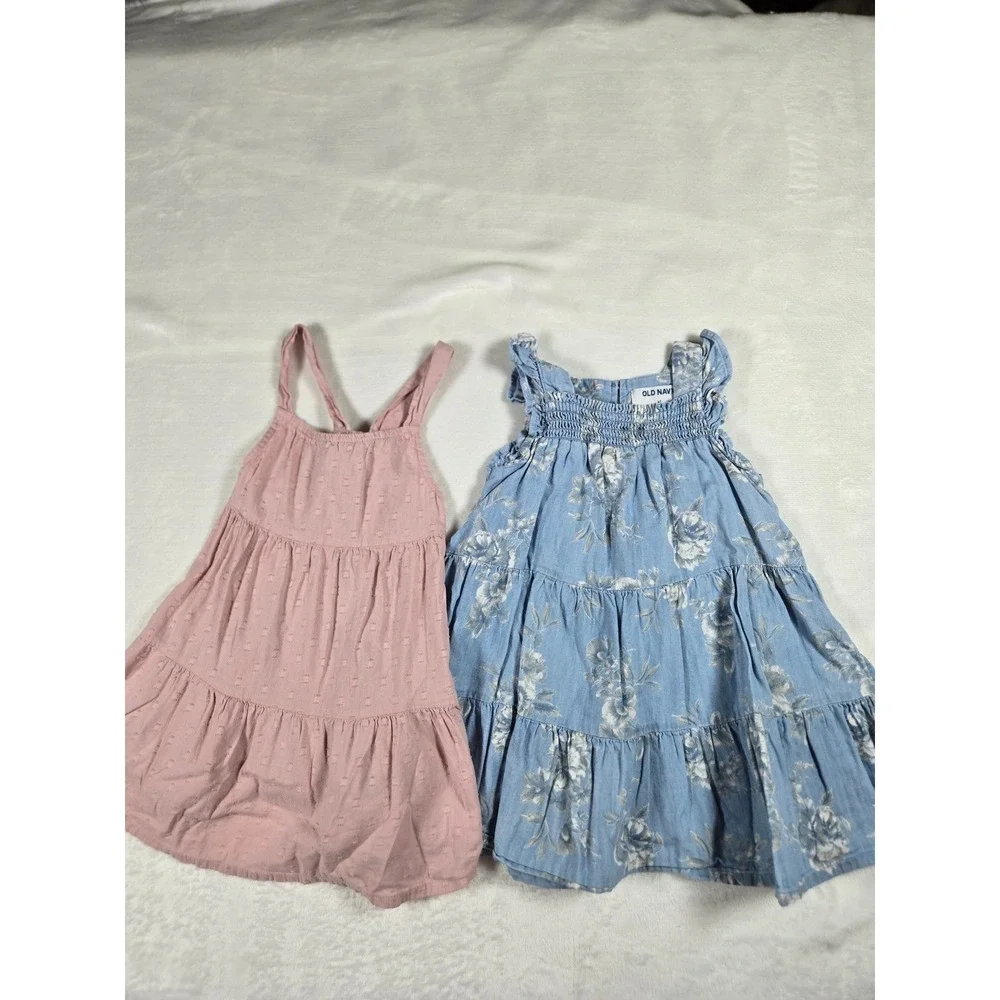 Old Navy‎ Toddler Girl 2T Tiered Dress Bundle Blue Floral & Pink Swiss Dot 2pk